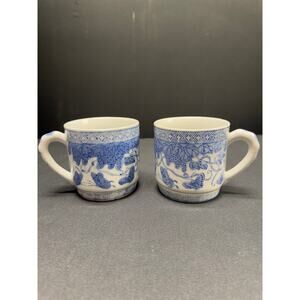 Set of 2 Vintage Guangzhou Chinese Blue & White Porcelain Tea Cups – 3.5" Tall